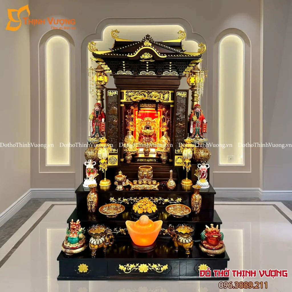 Bộ Ban Thờ Mái Nhật Vip + Đồ Thờ Men Hoàng Thổ Vẽ Vàng