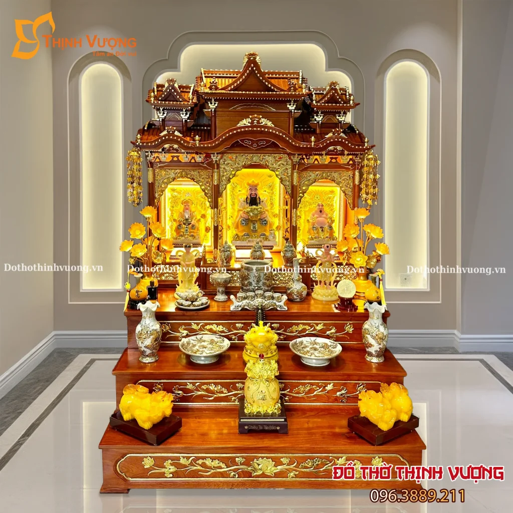 Bộ 3 Gian Gỗ Hương + Sứ Rạn Nổi Vẽ Vàng