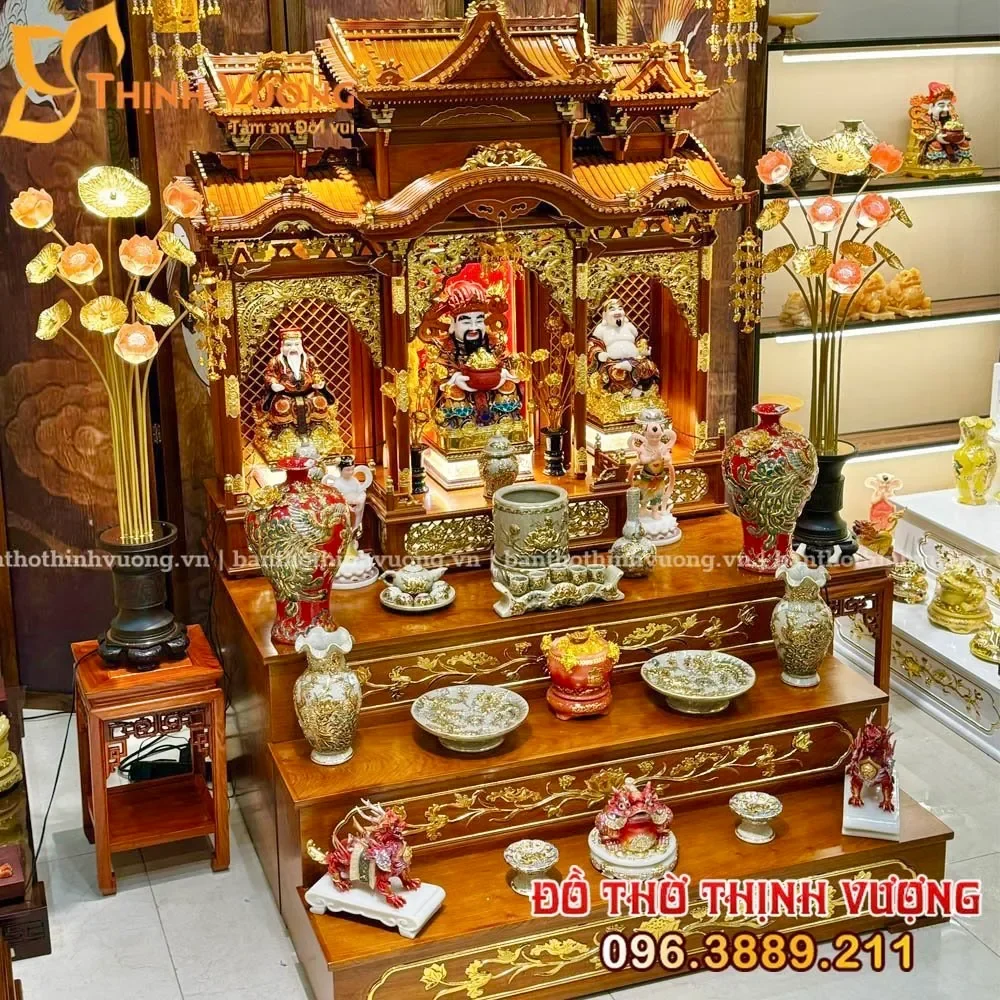 Bộ Ban Thần Tài 3 Gian Gỗ Hương Siêu Vip Set Sứ Rạn Nổi