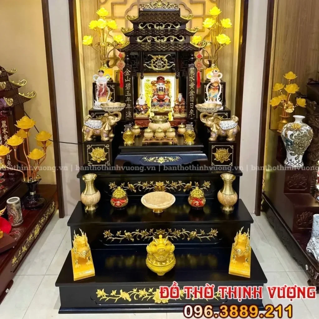 Bộ Bàn Thần Tài Gỗ Hương Bệ 3 Tầng Đồng – Đá Vàng ĐL