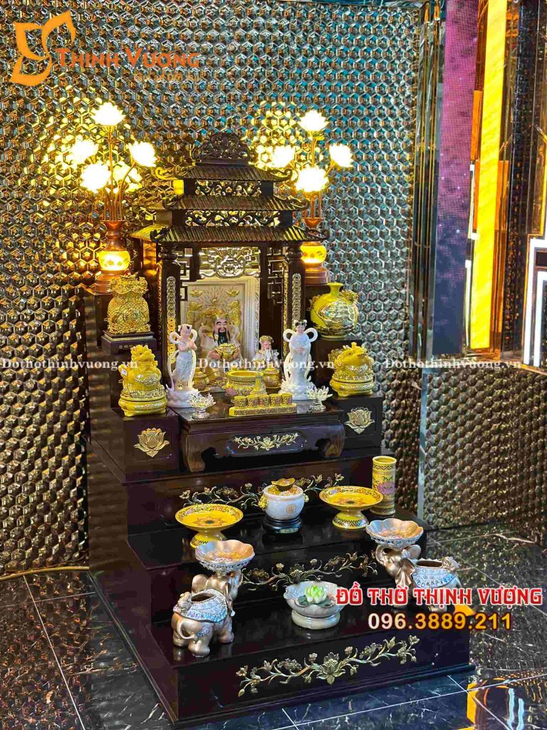 Trọn Bộ Ban Thần Tài 3 Mái Xoan + Sứ Gấm Vàng