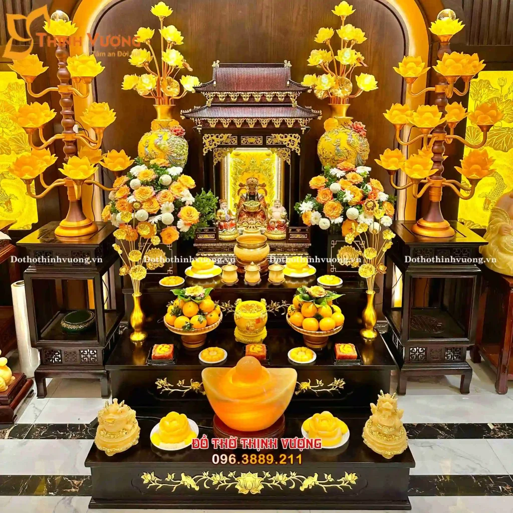 Trọn Bộ Ban Thờ Thần Tài Gỗ Long Não + Đá Bọc Đồng Đài Loan