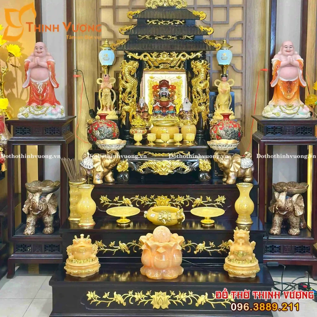 Bộ Thần Tài 3 Mái Xoan Dát Vàng Đồ Thờ Đá Onix Vàng