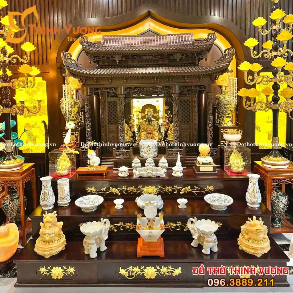 Bộ Ban Thờ Thần Tài Mái Đình Bách Xanh + Trắng Nổi Vẽ Vàng