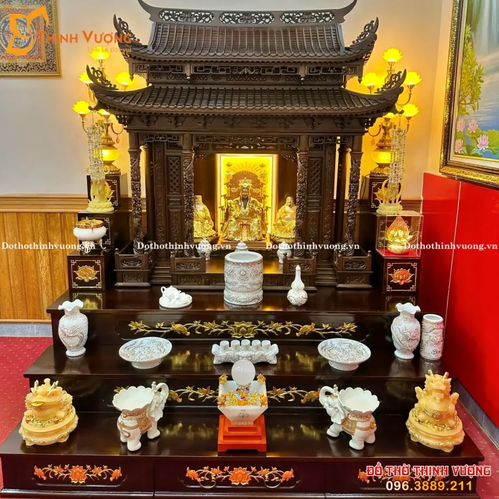 Bộ Ban Thờ Thần Tài Mái Đình Bách Xanh + Trắng Nổi Vẽ Vàng