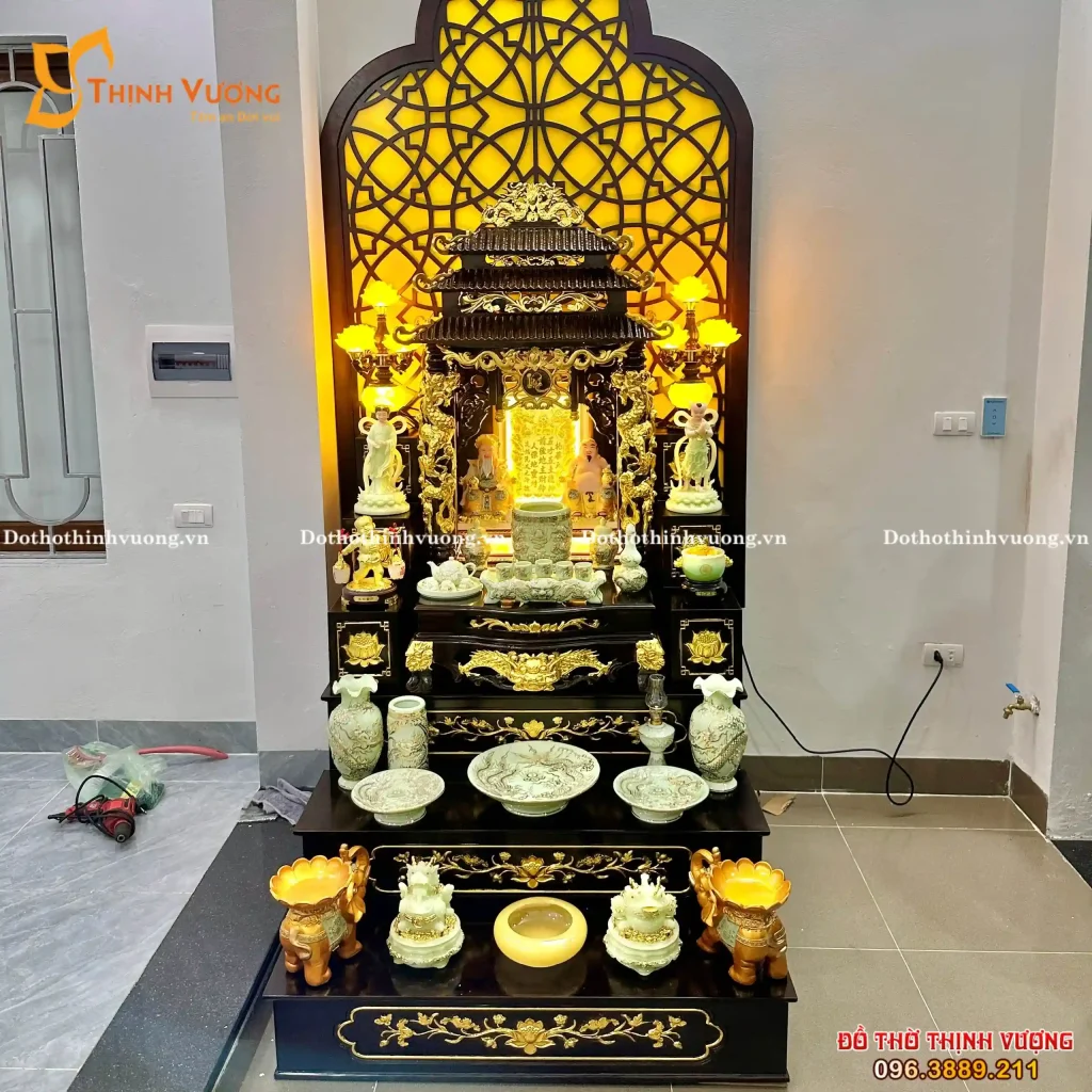 Bộ 3 Mái Xoan Vân Óc Chó + Kệ 3 Tầng Sứ Xanh Cốm Vẽ Vàng