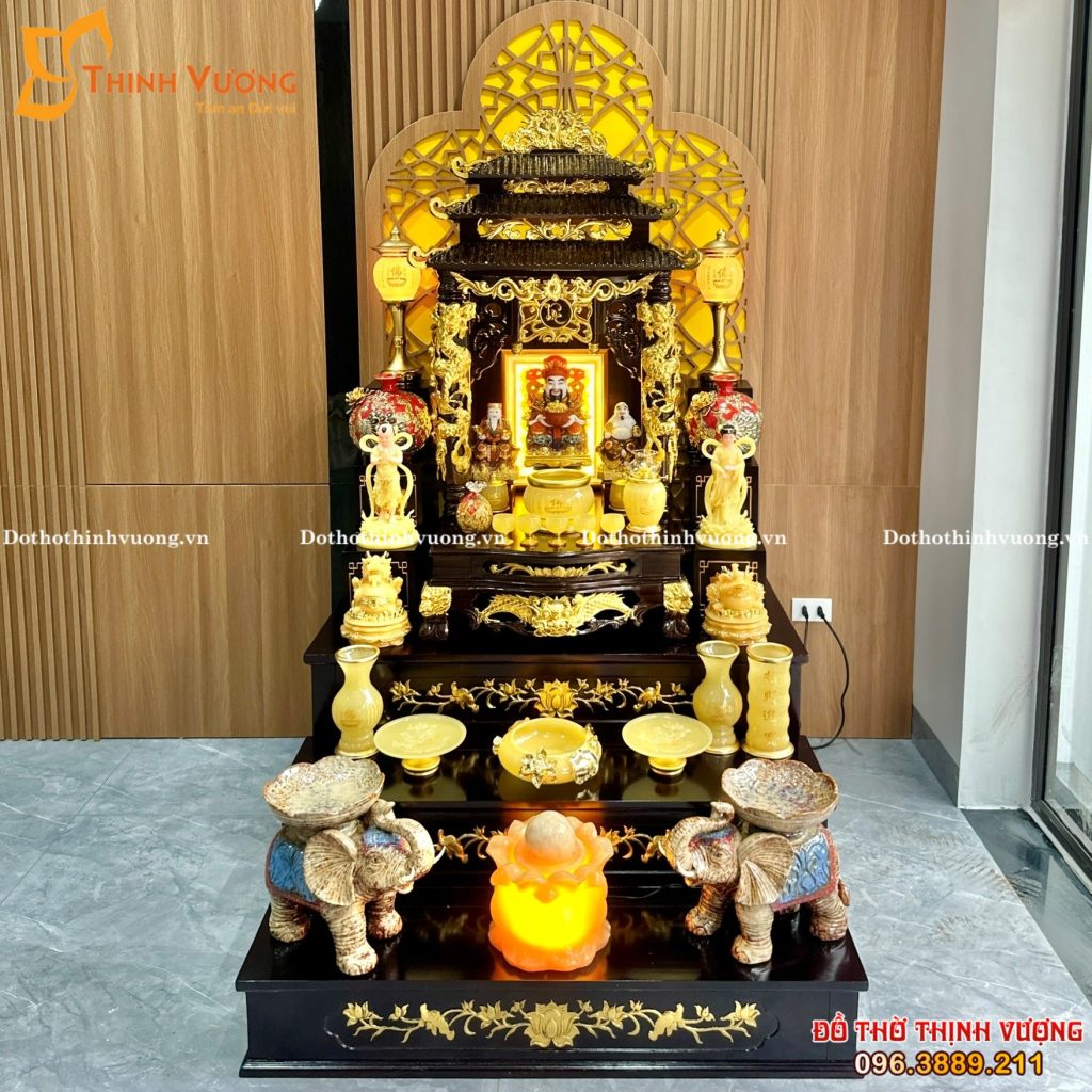 Bộ Ban Thần Tài 3 Mái Xoan Dát Vàng + Đá Onix Vàng