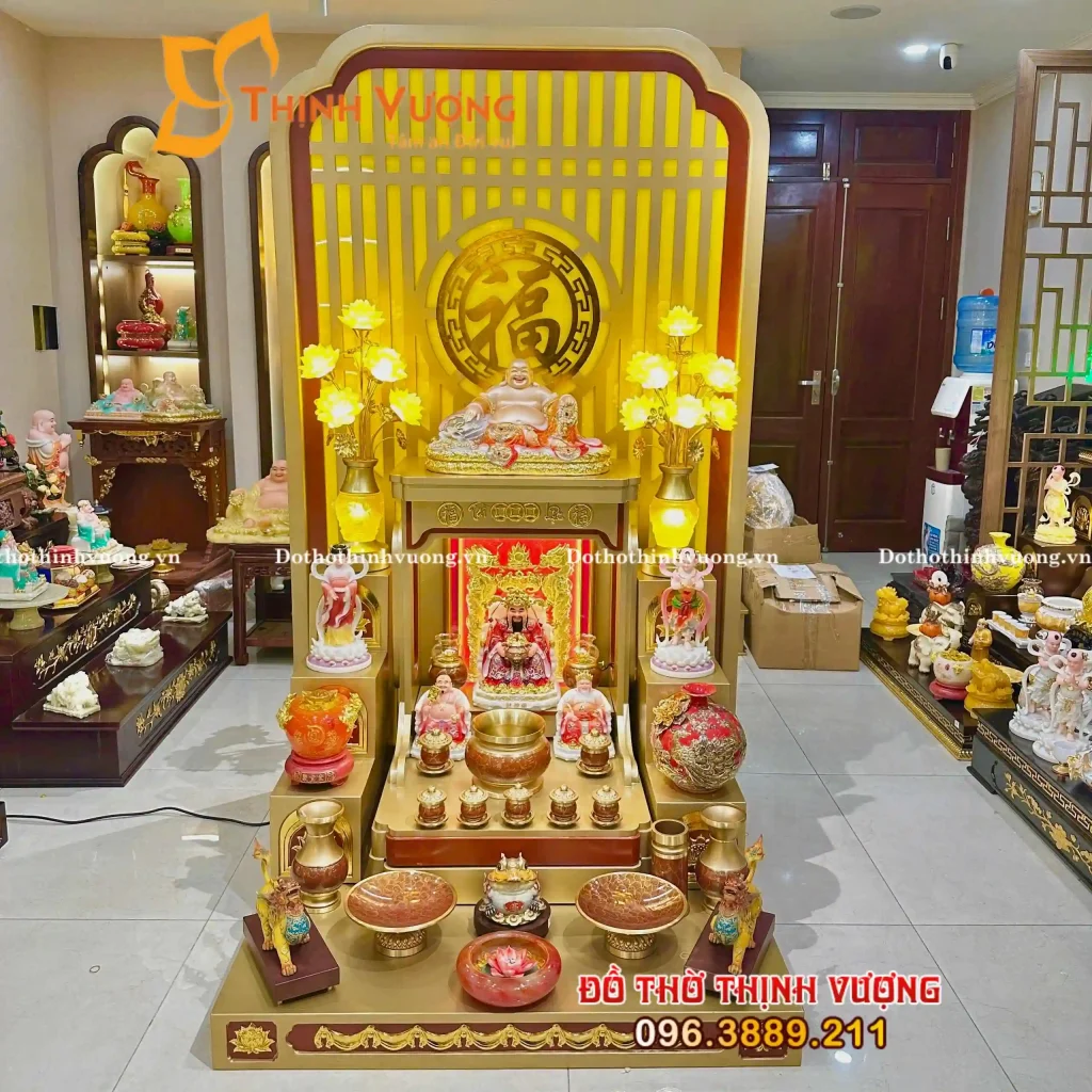 Bộ đồ thờ Hỏa Vượng Phúc Chiêu + Bộ Đồ Thờ Đá Đỏ Bọc Đồng Cao cấp